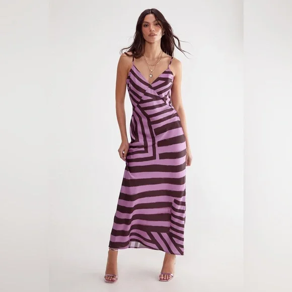 Nasty Gal Purple Satin Abstract Stripe Maxi Slip Dress | NWT Size 4 - Picture 3 of 14